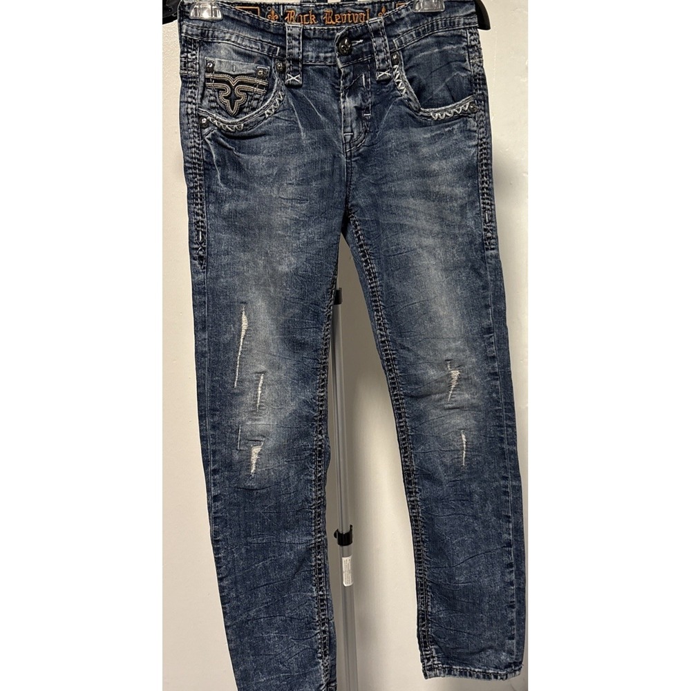 Rock Revival Eben Straight Leg Jeans Mens Size 30 Distressed Blue Acid Wash - Picture 8 of 14